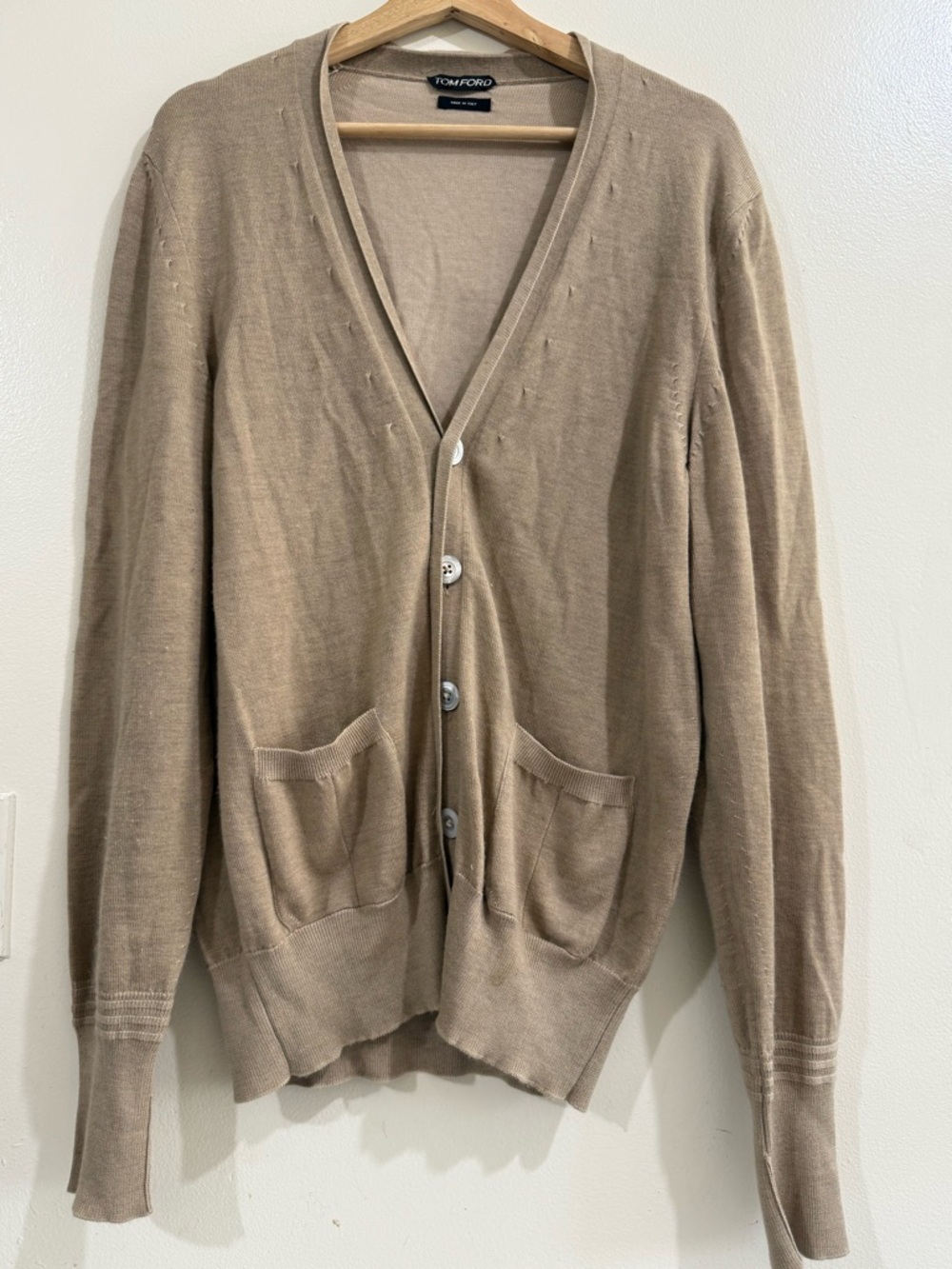 Tom Ford Men's Beige Cotton V-Neck Button Cardigan